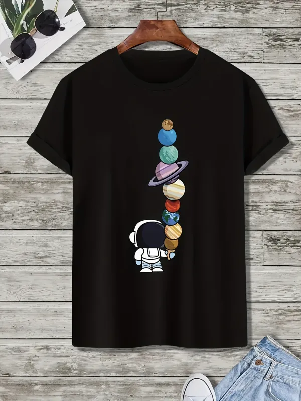 Tailorly Men's Printed Tee - Playful Astronaut Balancing Colorful Planets In Outer Space made by Tailorly
