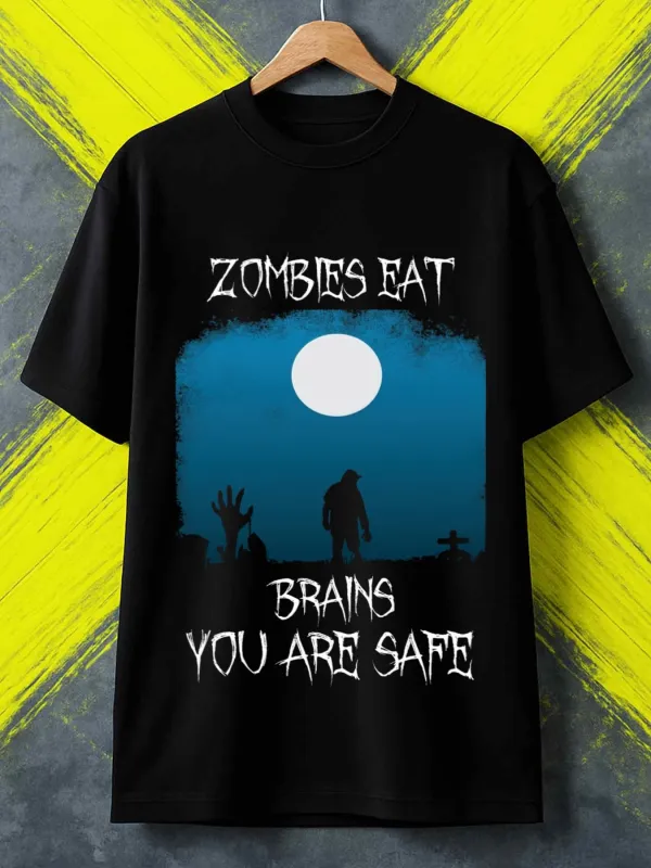 Tailorly Men's Printed Tee - Zombies Eat Brains You Are Safe Creepy Night Moonlight With Raised Hands Silhouetted Zombie Graveyard made by Tailorly