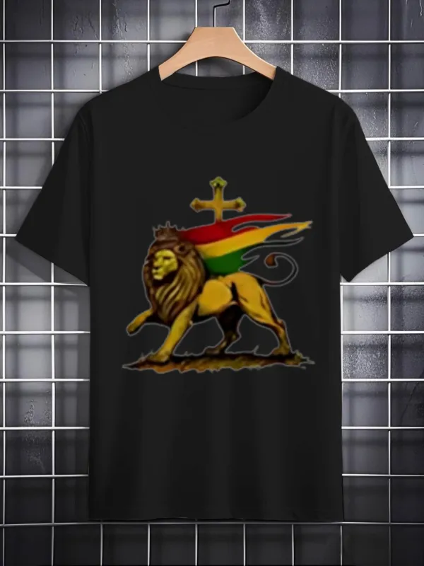 Tailorly Men's Printed Tee - Reggae Colored Crowned Lion With Waving Striped Royal Banner made by Tailorly