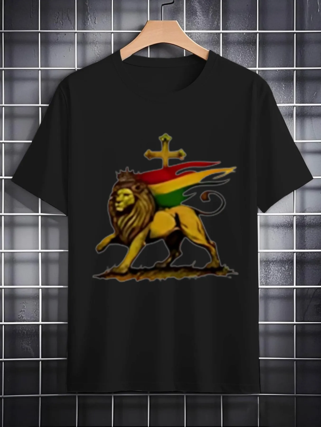 Tailorly Men's Printed Tee - Reggae Colored Crowned Lion With Waving Striped Royal Banner sold by Tailorly
