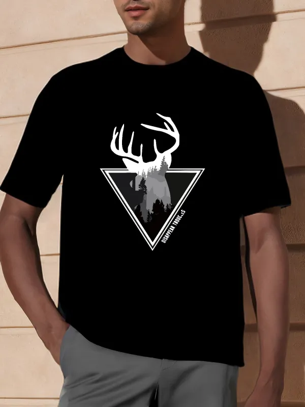 Tailorly Men's Printed Tee - Majestic Antlers Over Snowy Mountain Within A Sharp Black Triangle Deer made by Tailorly
