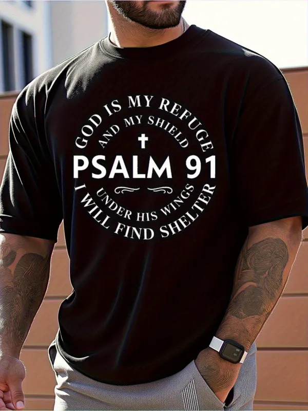 Tailorly Men's Printed Tee - Psalm 91 Verse In Circular Layout With Simple Cross Motif made by Tailorly