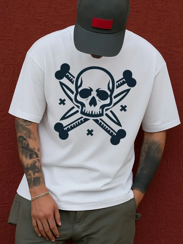 Tailorly Men's Printed Tee - Bold Graphic Bones And Skull On Crisp White T Shirt made by Tailorly