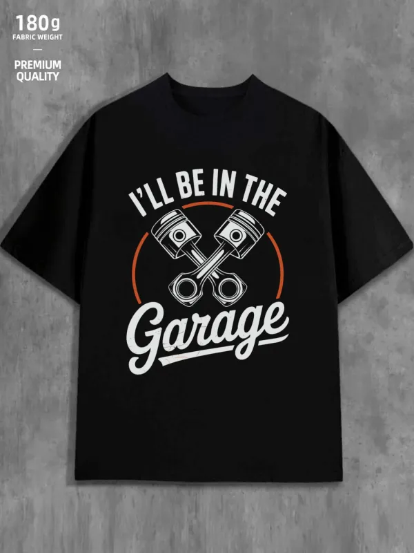 Tailorly Men's Printed Tee - Ill Be In The Garage With Metallic Pistons Under Curved Orange Line made by Tailorly