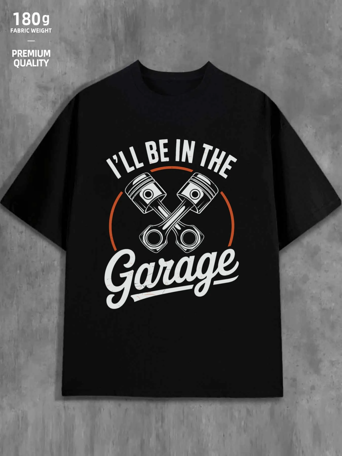 Tailorly Men's Printed Tee - Ill Be In The Garage With Metallic Pistons Under Curved Orange Line sold by Tailorly