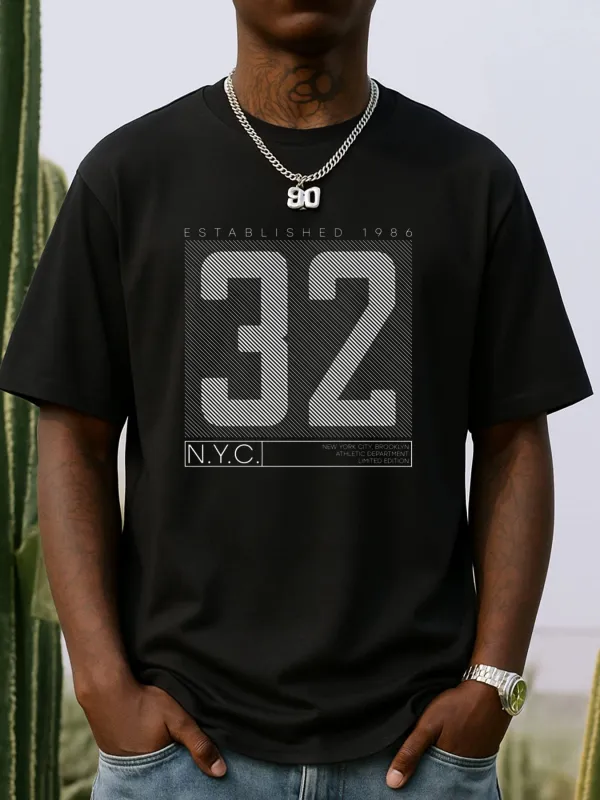 Tailorly Men's Printed Tee - Urban Sports Graphic Number Print With Large Block Letters Thirty Two made by Tailorly