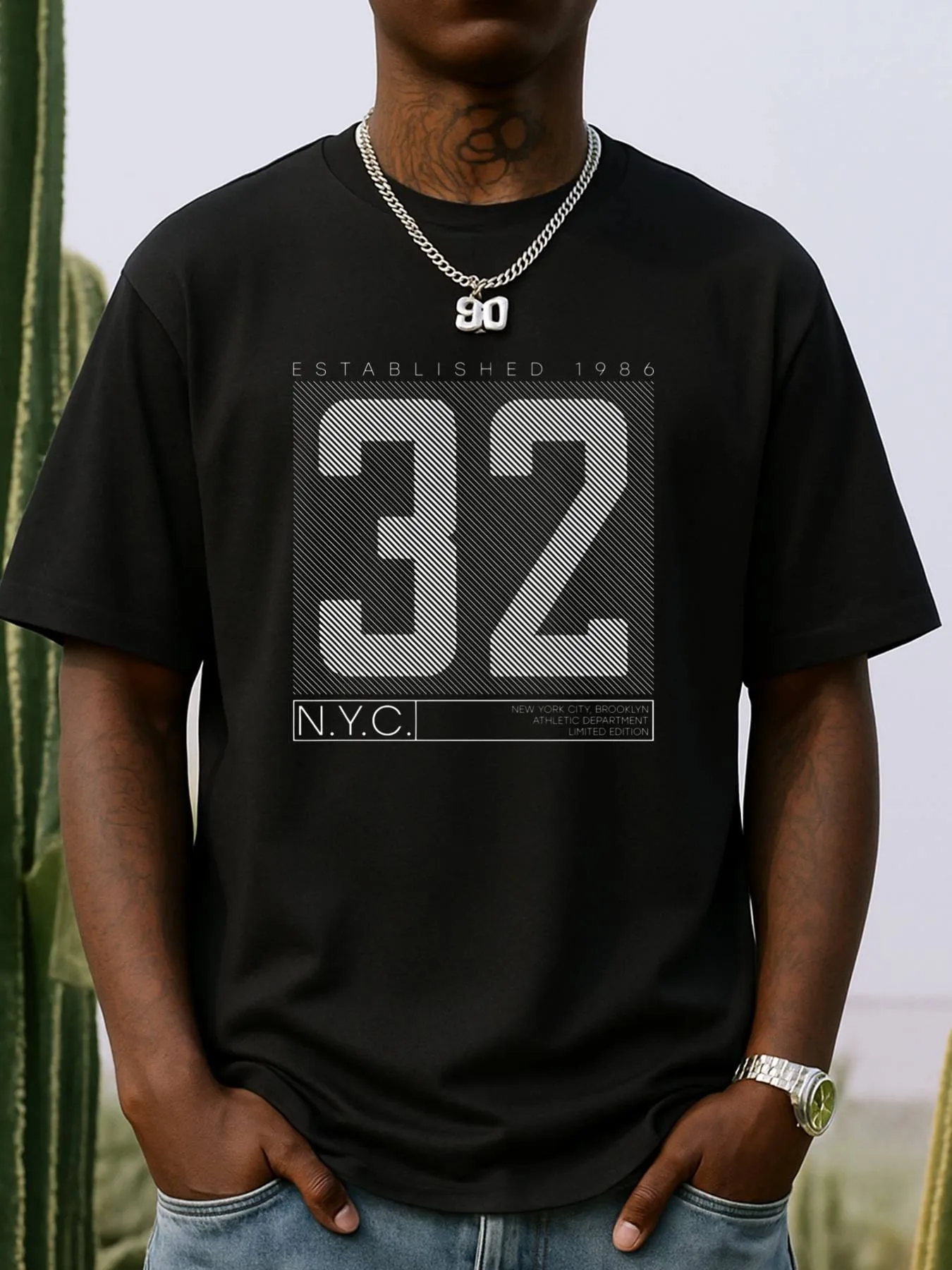 Tailorly Men's Printed Tee - Urban Sports Graphic Number Print With Large Block Letters Thirty Two sold by Tailorly