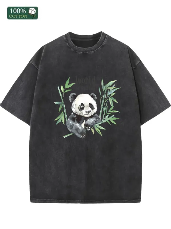 Tailorly Men's Printed Tee - Watercolor Leaves And Bamboo Surrounding Peaceful Panda made by Tailorly