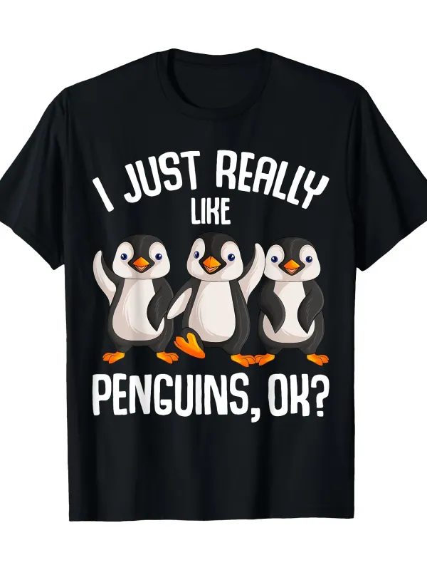 Tailorly Men's Printed Tee - I Just Really Like Penguins Ok Dancing Happy Cartoon Penguins made by Tailorly