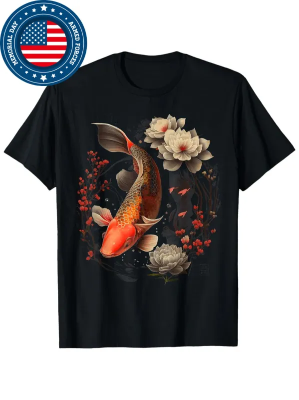 Tailorly Men's Printed Tee - Golden Scales With Floating White Flowers Beside Lush Peonies Koi Fish made by Tailorly
