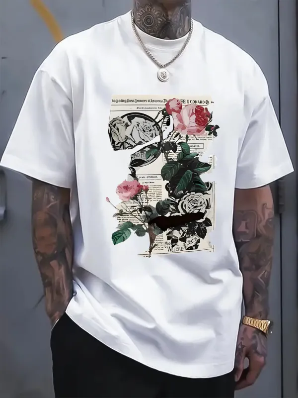 Tailorly Men's Printed Tee - Layered Vintage Botanical Illustrations With Varied Roses And Leaves Collage made by Tailorly