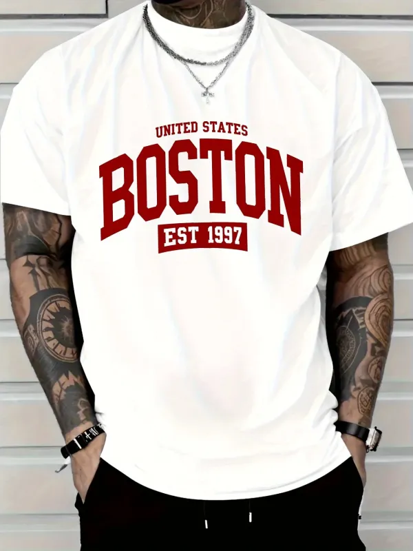 Tailorly Men's Printed Tee - United States Boston Est 1997 With Bold Red Vintage Typography Shirt made by Tailorly