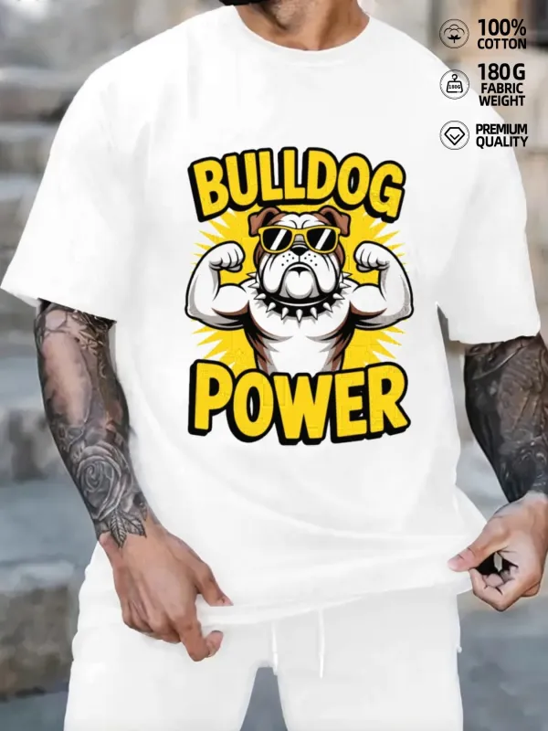 Tailorly Men's Printed Tee - Bulldog Power Cool Sunglasses Cartoon Under Sunburst Effect Bulldog made by Tailorly