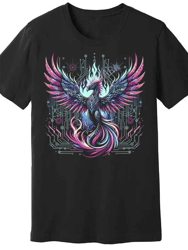 Tailorly Men's Printed Tee - Electric Neon Glow Circuitry With Rising Fiery Phoenix made by Tailorly