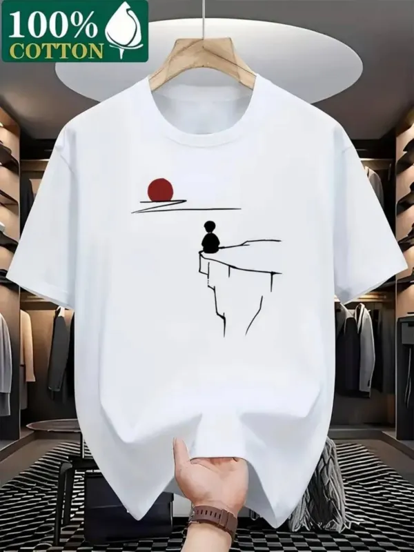 Tailorly Men's Printed Tee - Minimalist Cliffside Figure Watching The Setting Red Sun made by Tailorly