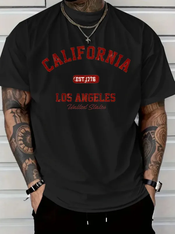 Tailorly Men's Printed Tee - California Est 1978 Los Angeles Red Letters On Black Tee made by Tailorly