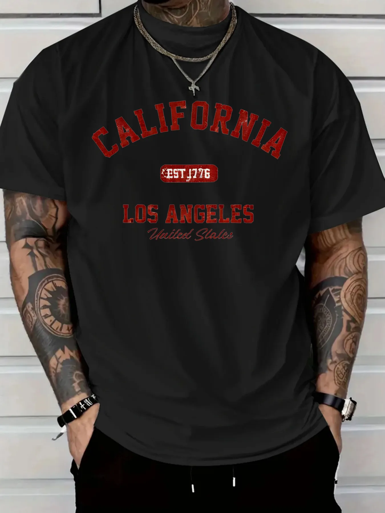 Tailorly Men's Printed Tee - California Est 1978 Los Angeles Red Letters On Black Tee sold by Tailorly