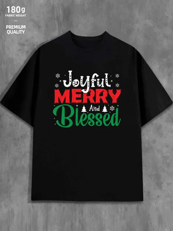 Tailorly Men's Printed Tee - Joyful Merry And Blessed Colorful Lettering With Decorative Snowflakes And Little Trees T Shirt made by Tailorly