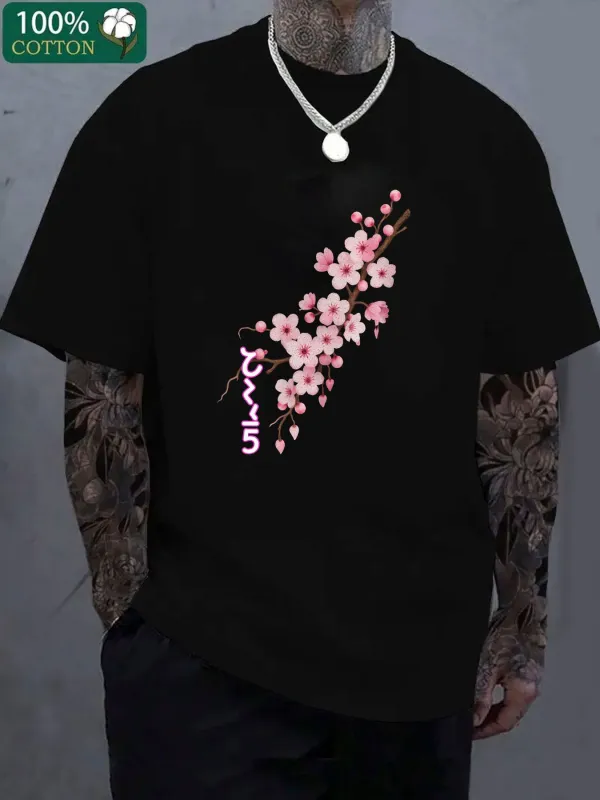 Tailorly Men's Printed Tee - Delicate Cherry Blossom Sprigs Adorning The Cotton Short Sleeve T Shirt made by Tailorly