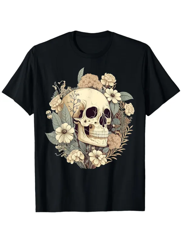 Tailorly Men's Printed Tee - Botanical Paradise With Blooming Wildflowers Embracing A Vintage Weathered Skull made by Tailorly