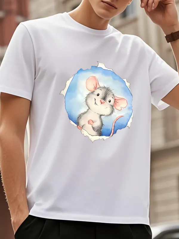 Tailorly Men's Printed Tee - Whimsical Blue Sky Watercolor Style Cute Mouse Illustration made by Tailorly