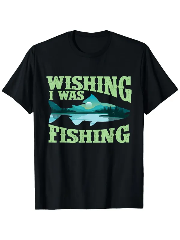 Tailorly Men's Printed Tee - Wishing I Was Fishing With Lake Reflections And Tree Silhouette Fish made by Tailorly