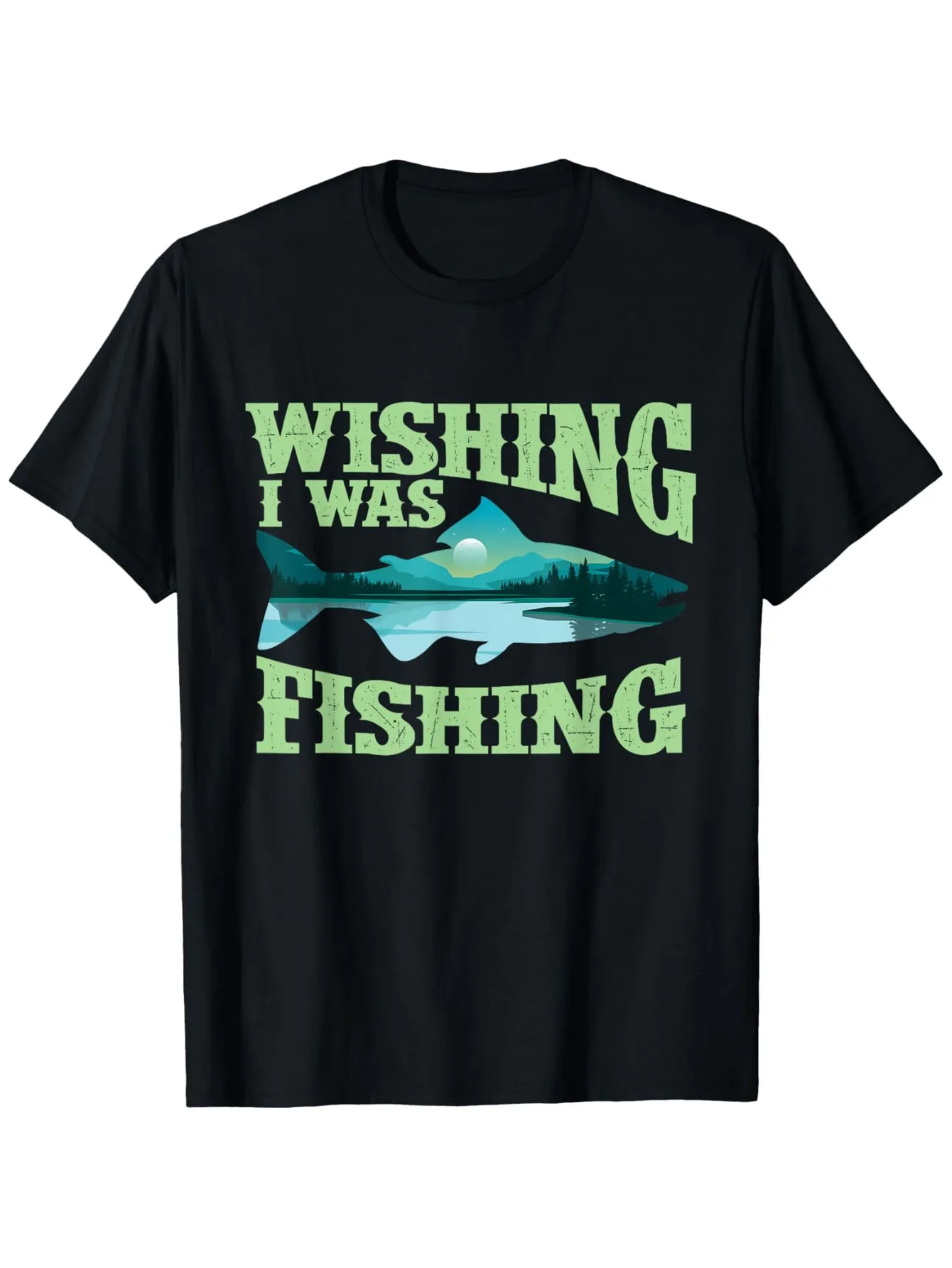 Tailorly Men's Printed Tee - Wishing I Was Fishing With Lake Reflections And Tree Silhouette Fish sold by Tailorly