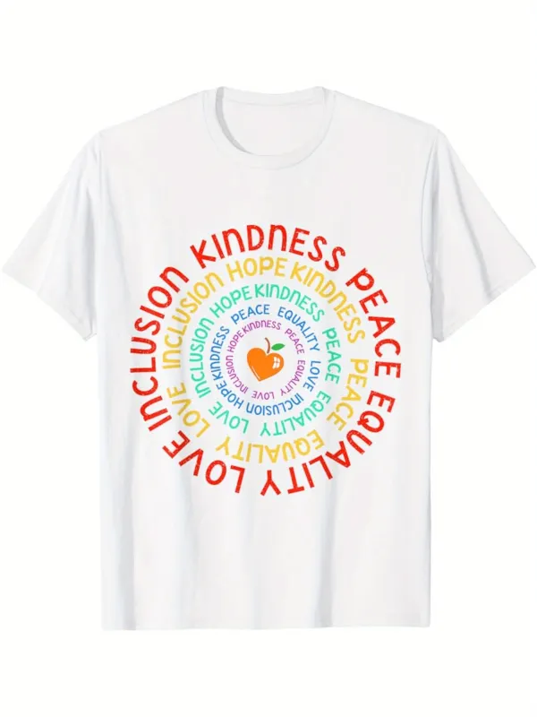 Tailorly Men's Printed Tee - Kindness Peace Equality Inclusion Hope Among Rainbow Colors Around Heart made by Tailorly