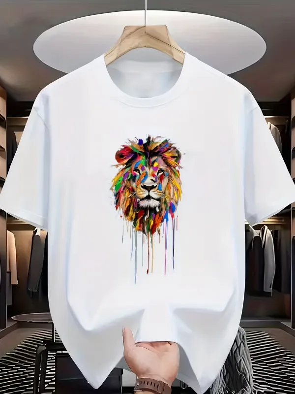 Tailorly Men's Printed Tee - Vivid Colorful Strokes Flowing Among Abstract Painted Lion made by Tailorly