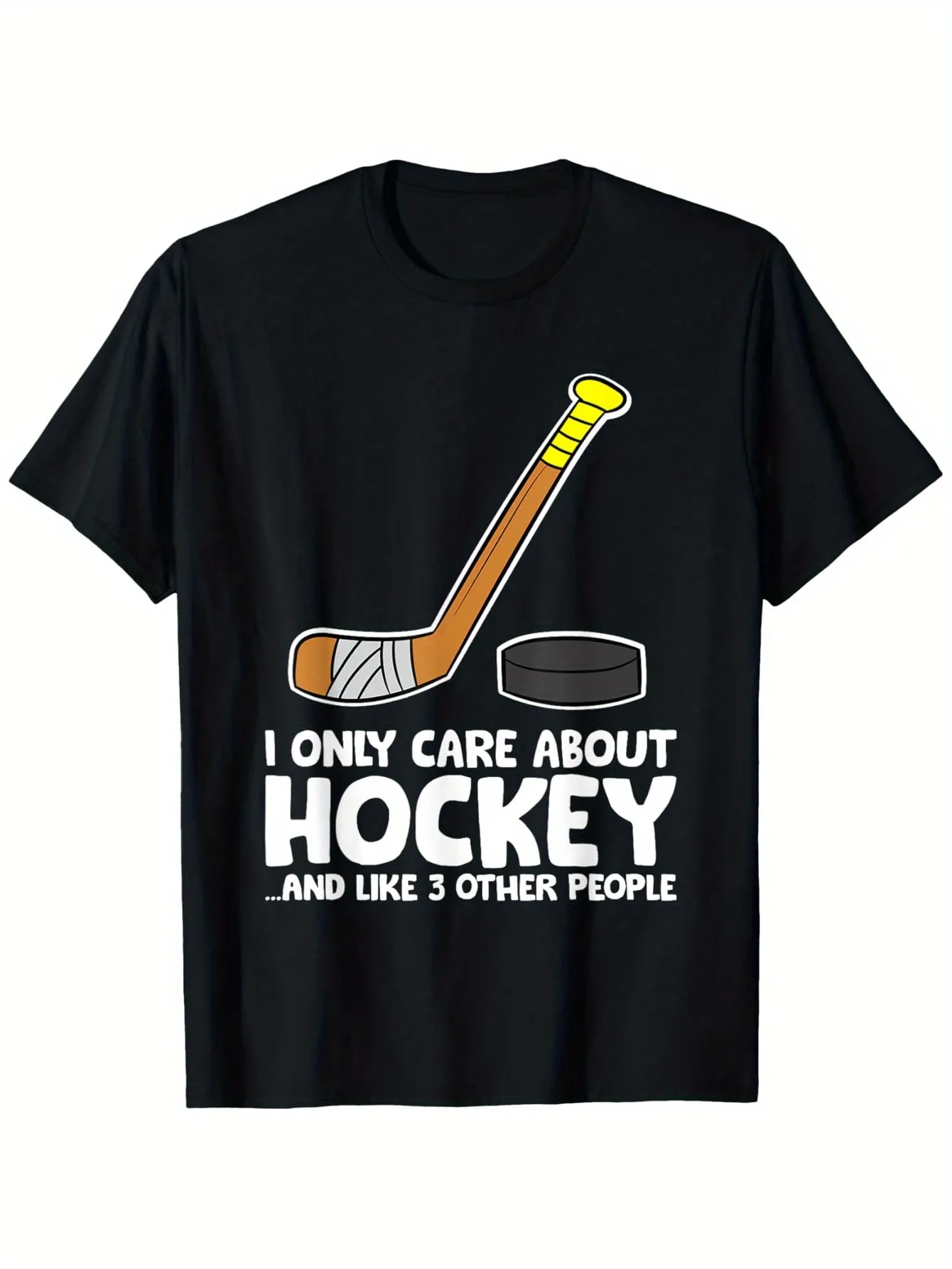 Tailorly Men's Printed Tee - I Only Care About Hockey And Like Three Other People Cartoon Style Stick And Black Puck Hockey Shirt sold by Tailorly