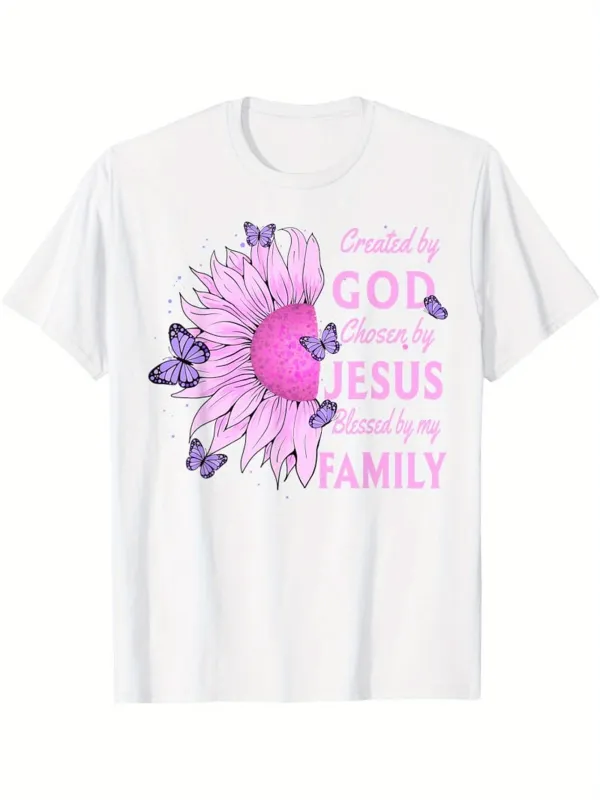 Tailorly Men's Printed Tee - Created By God Grown By Jesus Blessed By My Family Pink Purple Butterfly Flower made by Tailorly