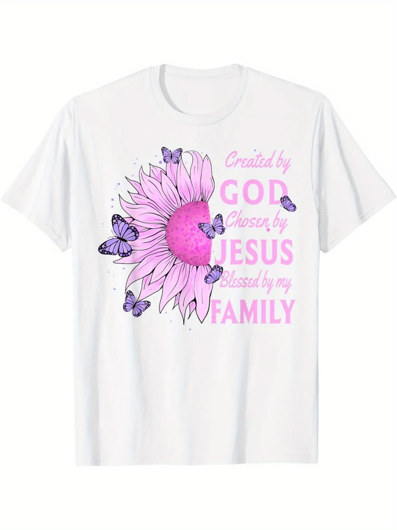 Tailorly Men's Printed Tee - Created By God Grown By Jesus Blessed By My Family Pink Purple Butterfly Flower sold by Tailorly