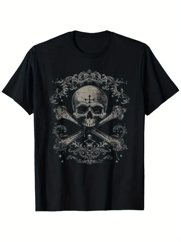 Tailorly Men's Printed Tee - Vintage Filigree With Skull Bones Under Dark Ornaments Skull made by Tailorly