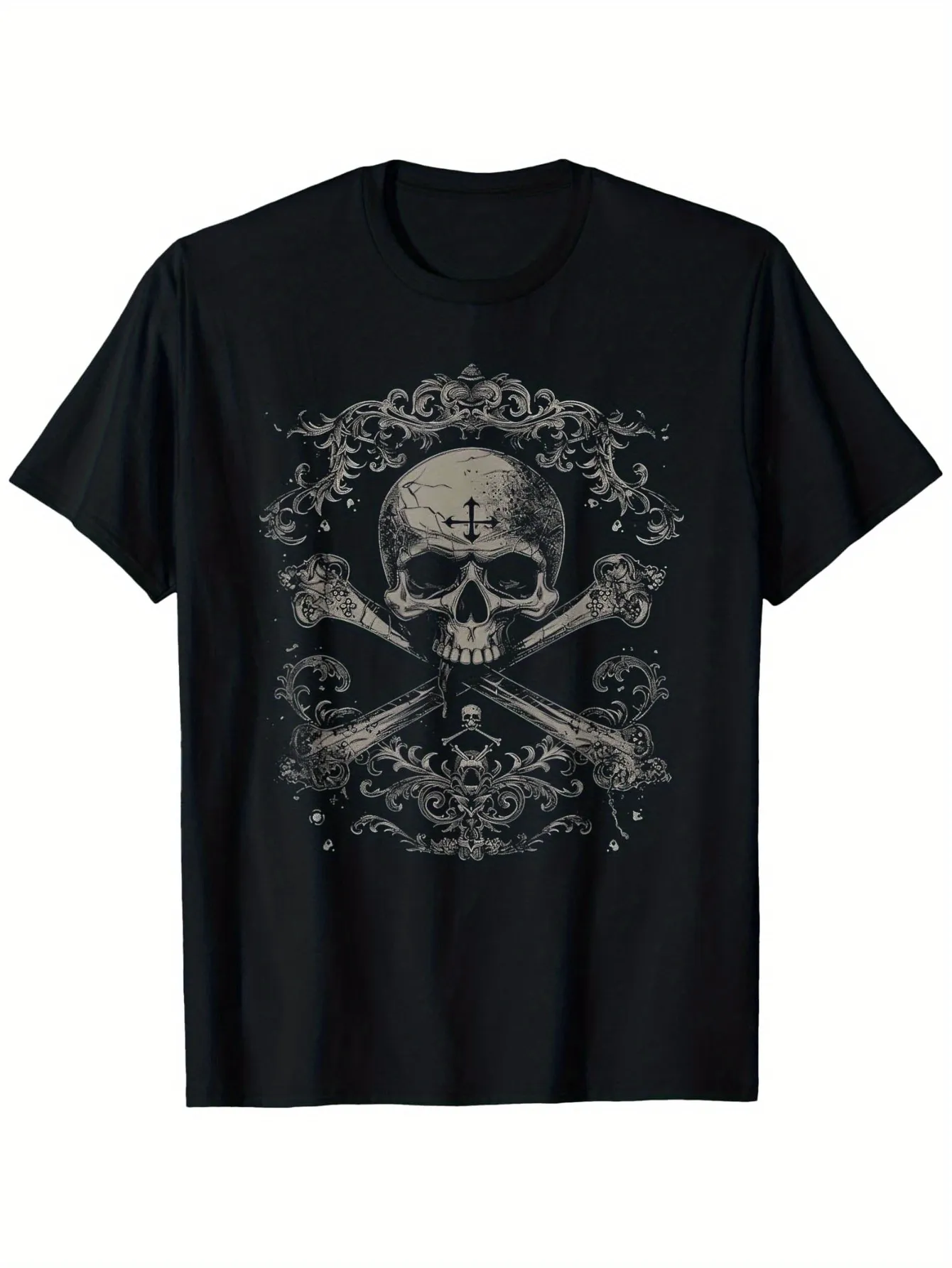 Tailorly Men's Printed Tee - Vintage Filigree With Skull Bones Under Dark Ornaments Skull sold by Tailorly