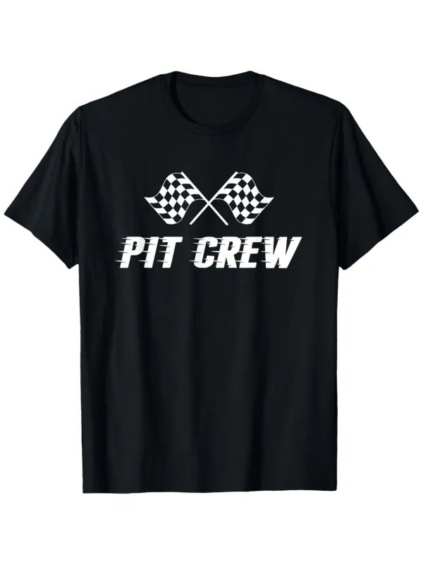 Tailorly Men's Printed Tee - Pit Crew Checkered Racing Flags With Bold Lettering Across Black T Shirt made by Tailorly