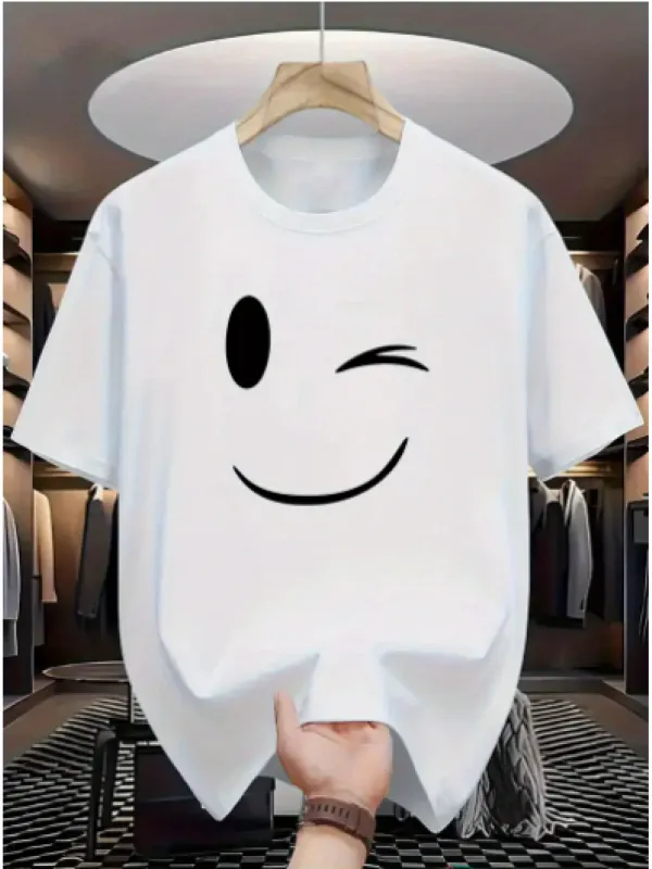 Tailorly Men's Printed Tee - Cheerful Minimal Line Art Winking Face White T Shirt made by Tailorly
