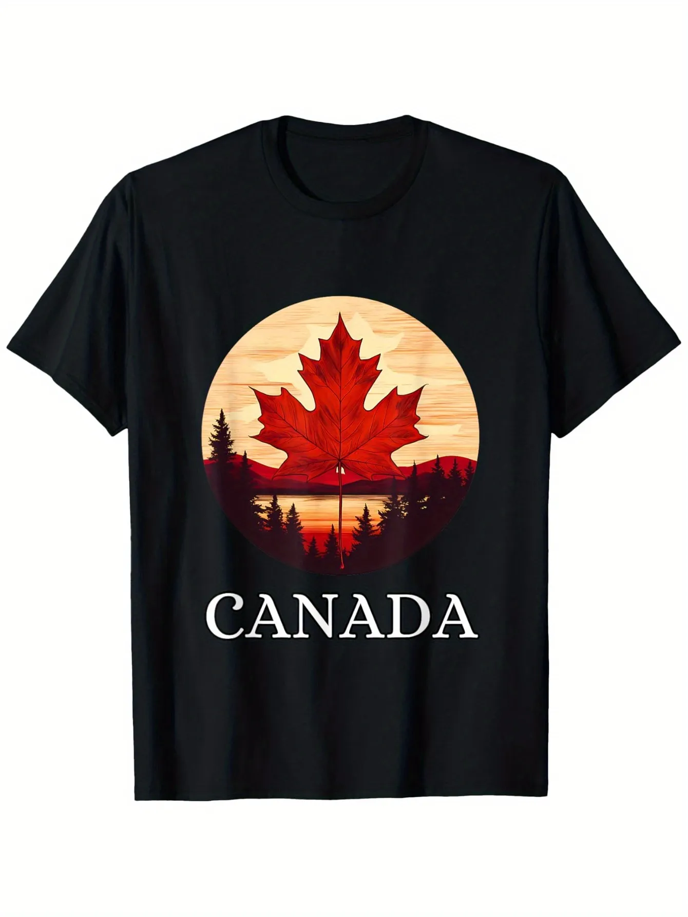 Tailorly Men's Printed Tee - Canada Sunset Mountain Landscape With Silhouetted Pine Trees And Maple Leaf sold by Tailorly