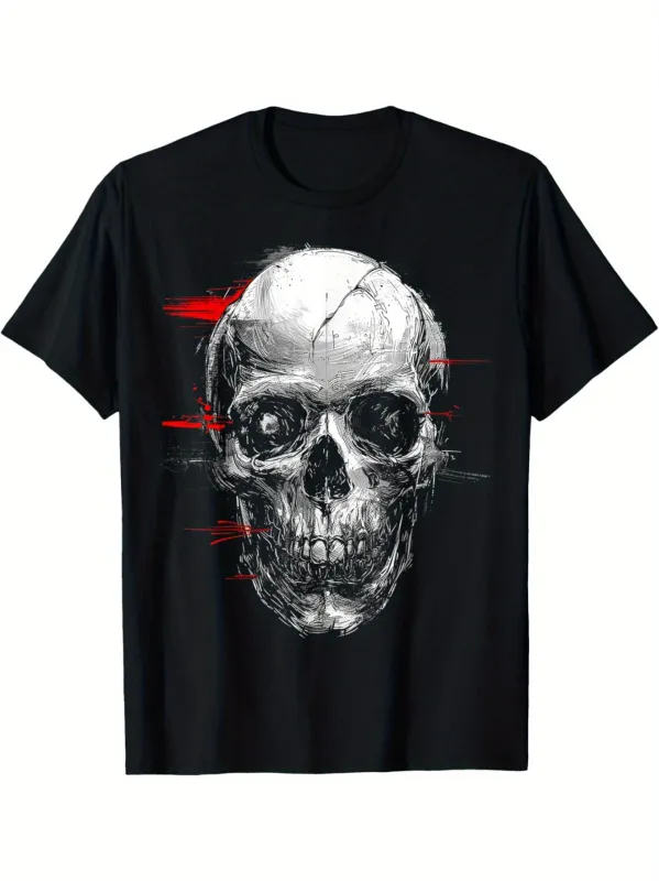Tailorly Men's Printed Tee - Abstract Red Streaks Over Monochrome Rough Painted Skull made by Tailorly