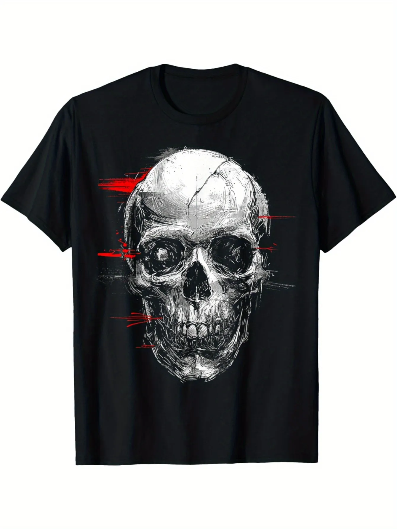 Tailorly Men's Printed Tee - Abstract Red Streaks Over Monochrome Rough Painted Skull sold by Tailorly