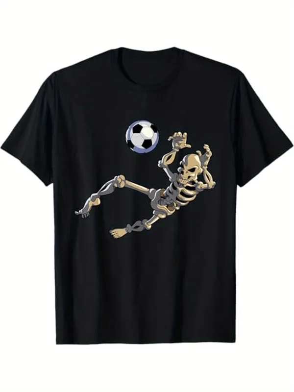 Tailorly Men's Printed Tee - Dynamic Skeleton In Action Kicking Soccer Ball Under Skies made by Tailorly