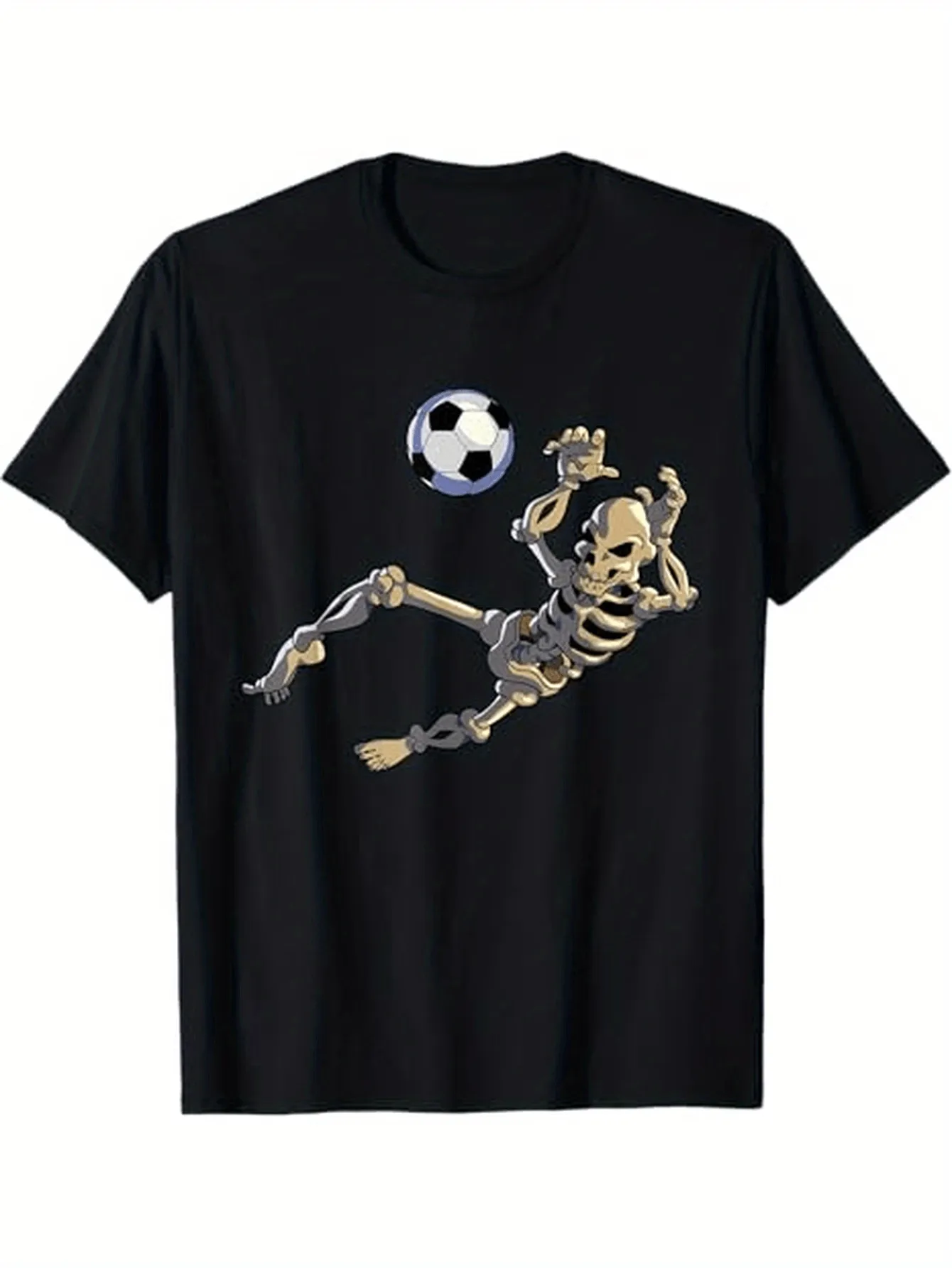 Tailorly Men's Printed Tee - Dynamic Skeleton In Action Kicking Soccer Ball Under Skies sold by Tailorly