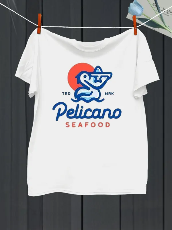 Tailorly Men's Printed Tee - Tulum Mexico Pelicano Seafood With Orange Sun And Stylized Pelican made by Tailorly