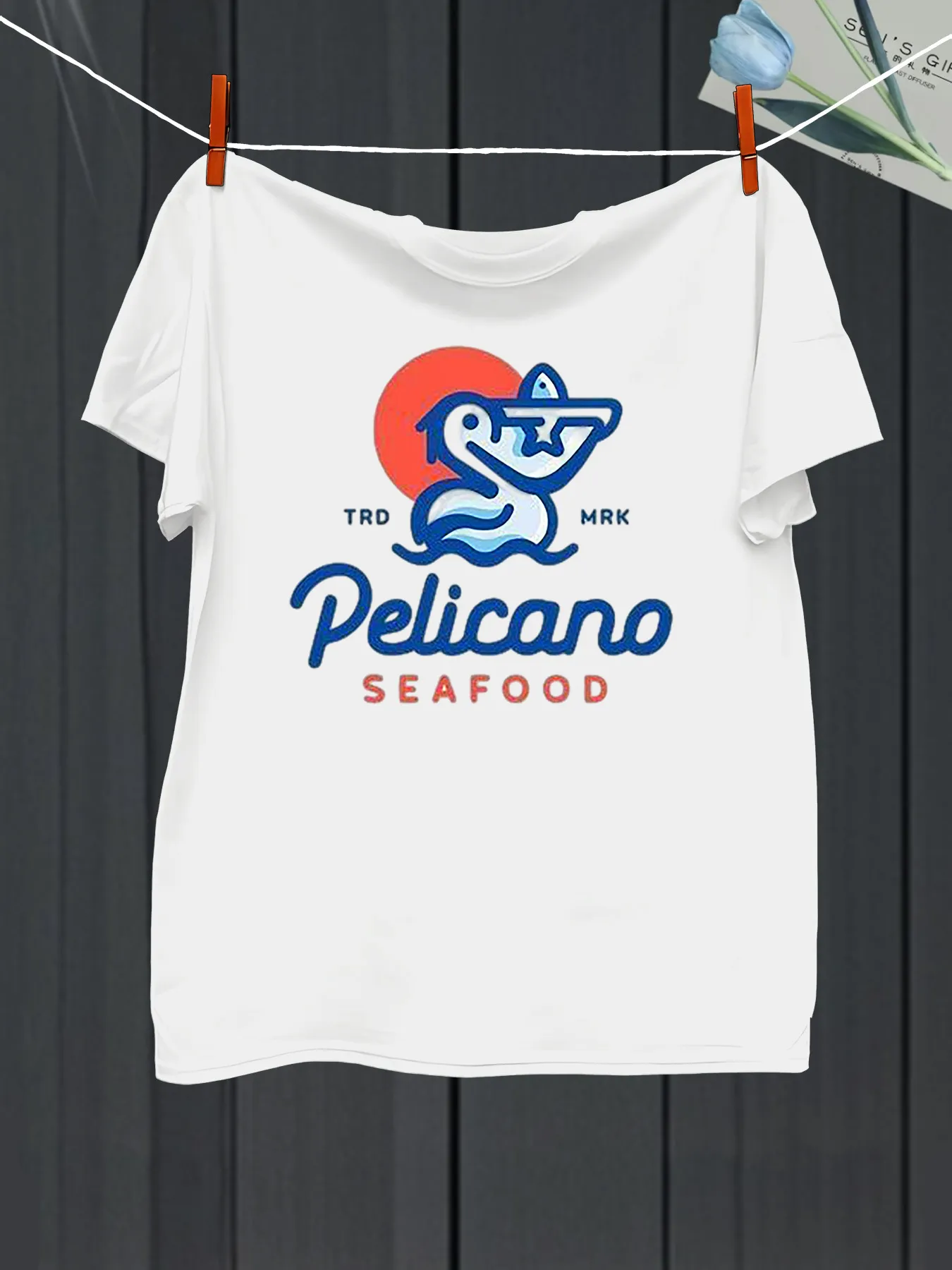 Tailorly Men's Printed Tee - Tulum Mexico Pelicano Seafood With Orange Sun And Stylized Pelican sold by Tailorly