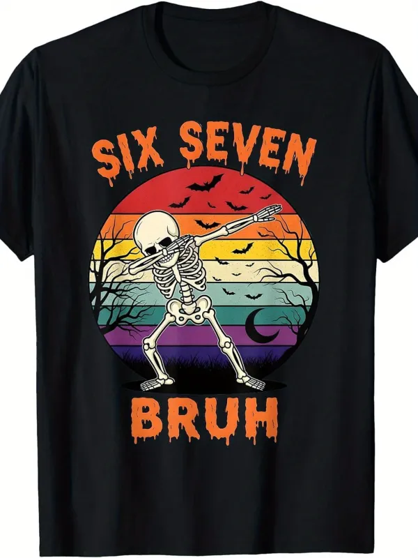 Tailorly Men's Printed Tee - Six Seven Bruh Dancing Skeleton With Sunset And Flying Bats made by Tailorly