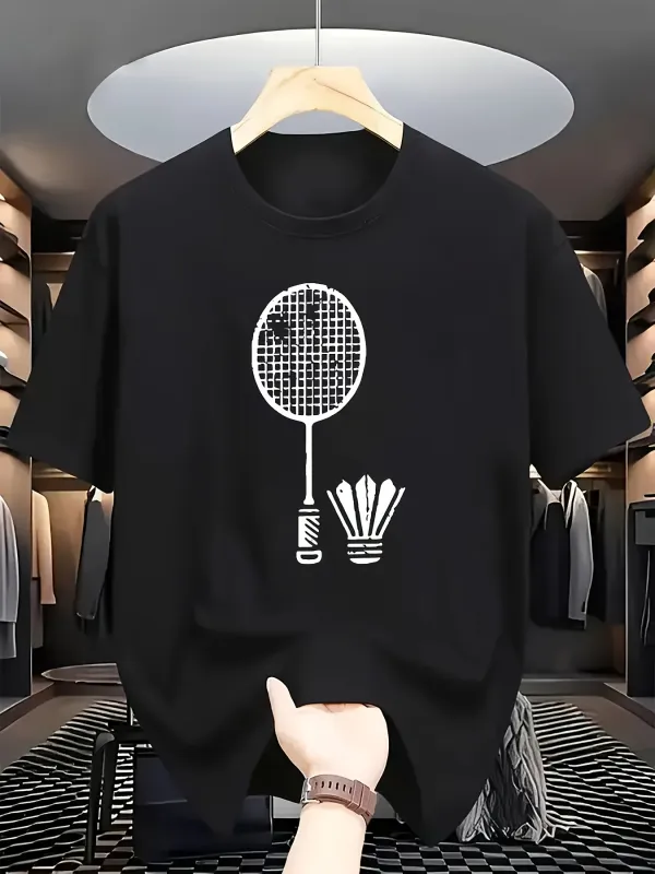 Tailorly Men's Printed Tee - Monochrome Graphic Design Of Badminton Racket With Shuttlecocks Featuring Bold Minimal Lines made by Tailorly