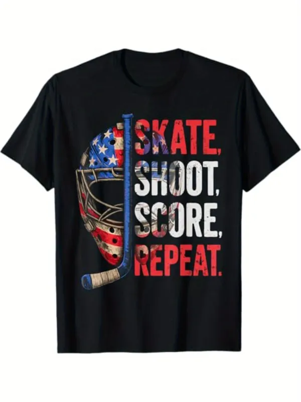 Tailorly Men's Printed Tee - Skate Shoot Score Repeat With American Flag Hockey Helmet made by Tailorly