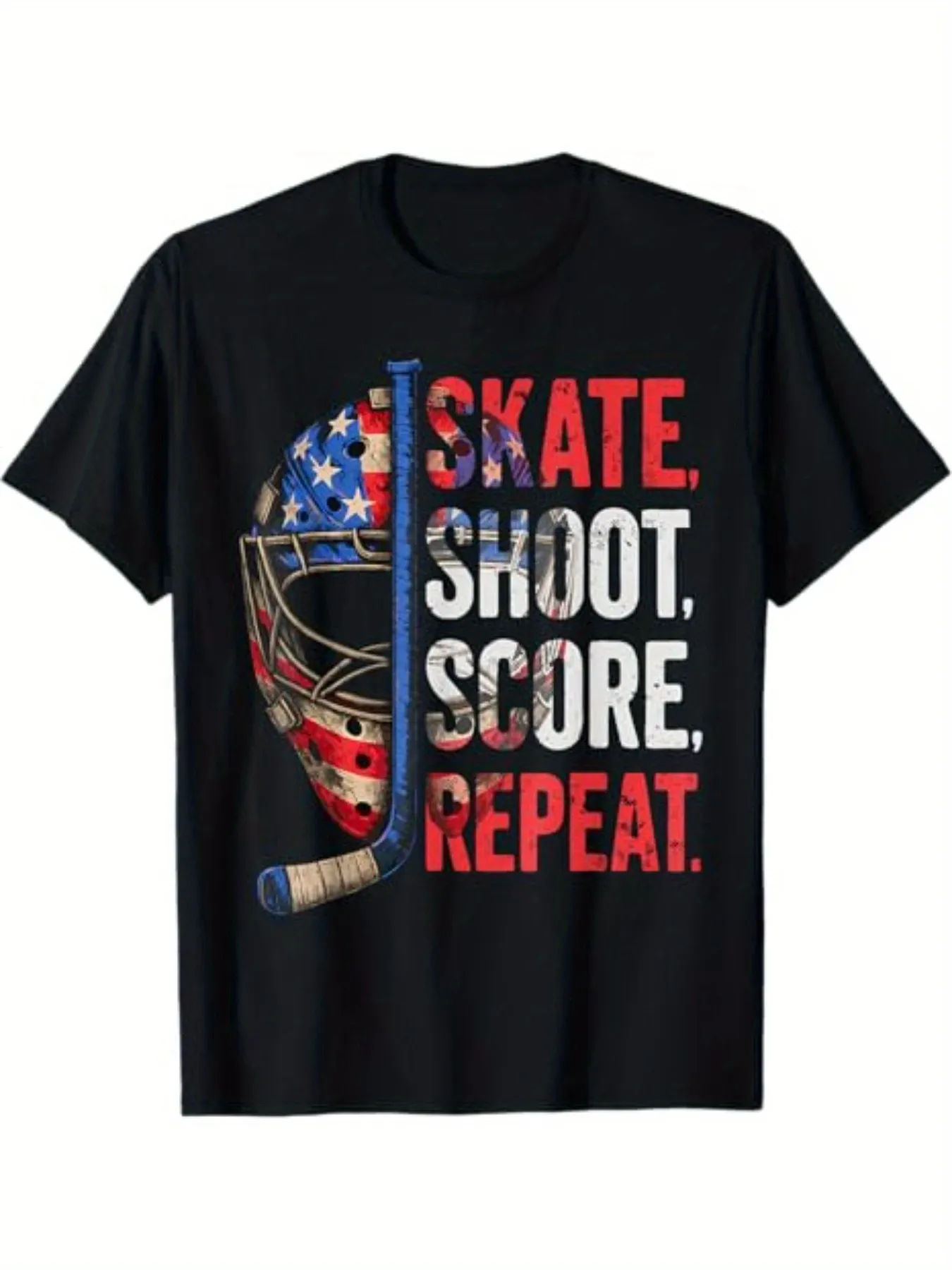 Tailorly Men's Printed Tee - Skate Shoot Score Repeat With American Flag Hockey Helmet sold by Tailorly