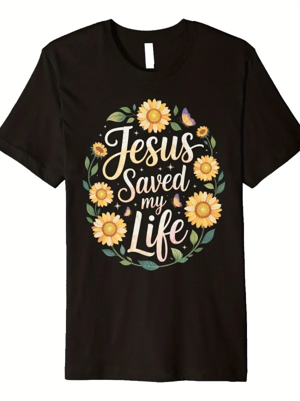 Tailorly Men's Printed Tee - Jesus Saved My Life With Blooming Sunflowers And Green Leaves Surrounded By Nature made by Tailorly