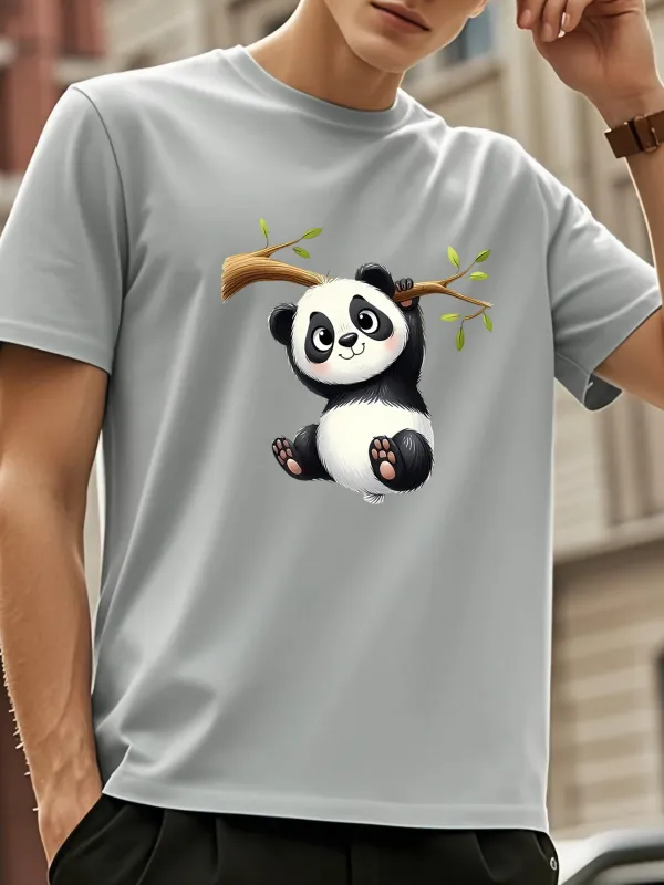 Tailorly Men's Printed Tee - Playful Cartoon Panda Hanging On A Bright Bamboo Branch made by Tailorly