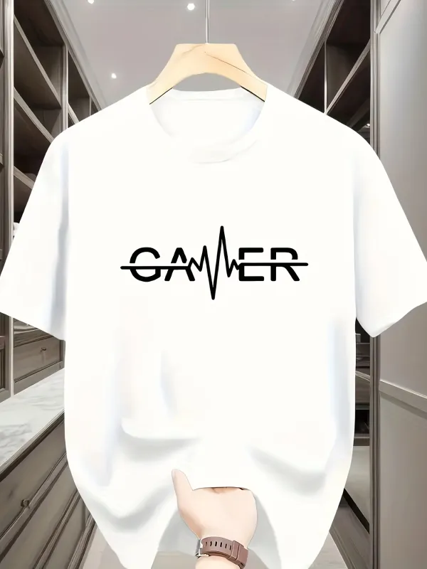 Tailorly Men's Printed Tee - Heartbeat Motif With Bold Typography Surrounding Centered Text Gamer made by Tailorly
